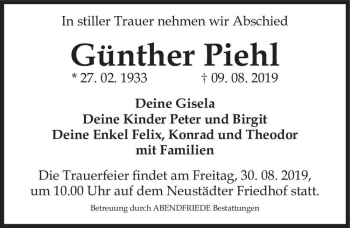 Traueranzeige von Günther Piehl  von Magdeburger Volksstimme