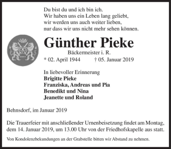 Traueranzeige von Günther Pieke  von Magdeburger Volksstimme