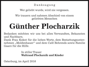 Traueranzeige von Günther Plocharzik  von Magdeburger Volksstimme