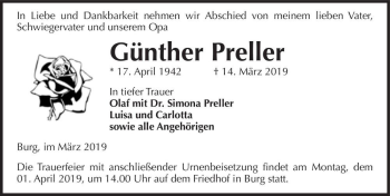 Traueranzeige von Günther Preller  von Magdeburger Volksstimme