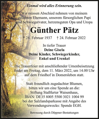 Traueranzeige von Günther Pätz  von Magdeburger Volksstimme