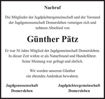 Traueranzeige von Günther Pätz  von Magdeburger Volksstimme