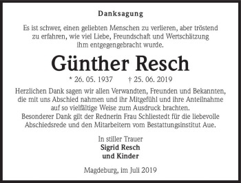 Traueranzeige von Günther Resch  von Magdeburger Volksstimme