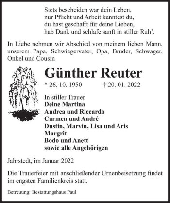 Traueranzeige von Günther Reuter  von Magdeburger Volksstimme