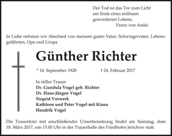 Traueranzeige von Günther Richter  von Magdeburger Volksstimme