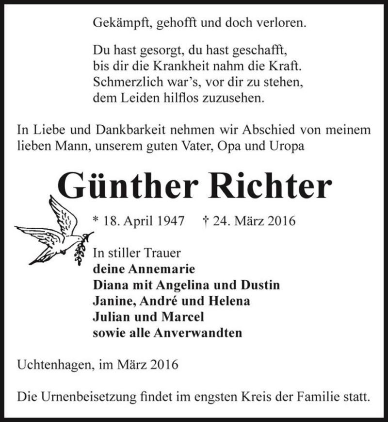  Traueranzeige für Günther Richter  vom 29.03.2016 aus Magdeburger Volksstimme
