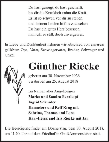 Traueranzeige von Günther Riecke  von Magdeburger Volksstimme