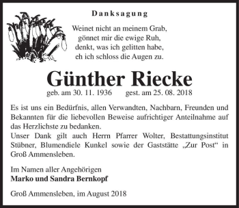 Traueranzeige von Günther Riecke  von Magdeburger Volksstimme