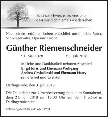 Traueranzeige von Günther Riemenschneider  von Magdeburger Volksstimme
