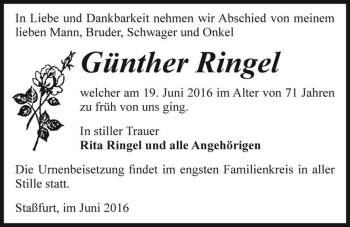 Traueranzeige von Günther Ringel  von Magdeburger Volksstimme
