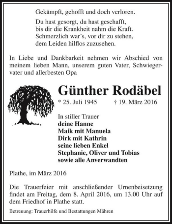 Traueranzeige von Günther Rodäbel  von Magdeburger Volksstimme