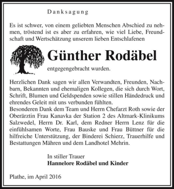 Traueranzeige von Günther Rodäbel  von Magdeburger Volksstimme