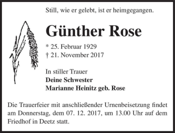 Traueranzeige von Günther Rose  von Magdeburger Volksstimme