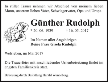Traueranzeige von Günther Rudolph  von Magdeburger Volksstimme