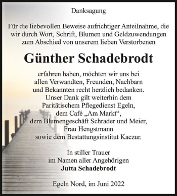 Traueranzeige von Günther Schadebrodt  von Magdeburger Volksstimme