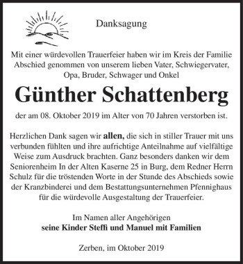 Traueranzeige von Günther Schattenberg  von Magdeburger Volksstimme