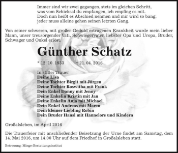 Traueranzeige von Günther Schatz  von Magdeburger Volksstimme