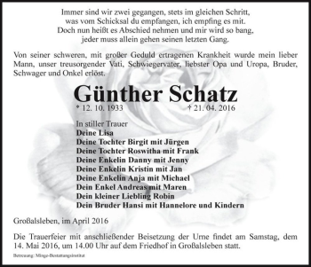 Traueranzeige von Günther Schatz  von Magdeburger Volksstimme