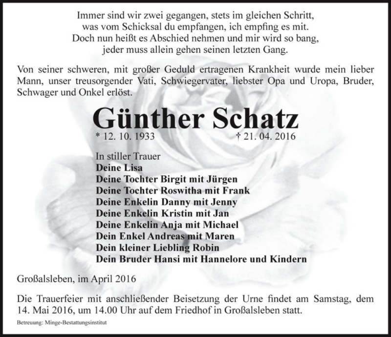  Traueranzeige für Günther Schatz  vom 30.04.2016 aus Magdeburger Volksstimme
