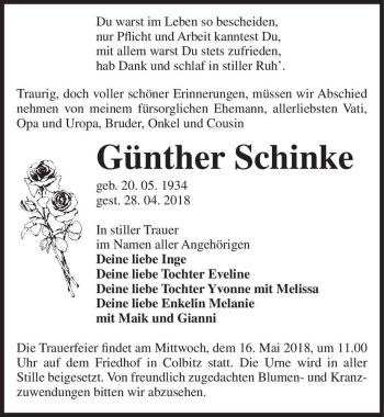 Traueranzeige von Günther Schinke  von Magdeburger Volksstimme