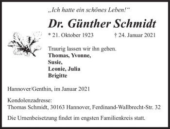 Traueranzeige von Günther Schmidt  von Magdeburger Volksstimme
