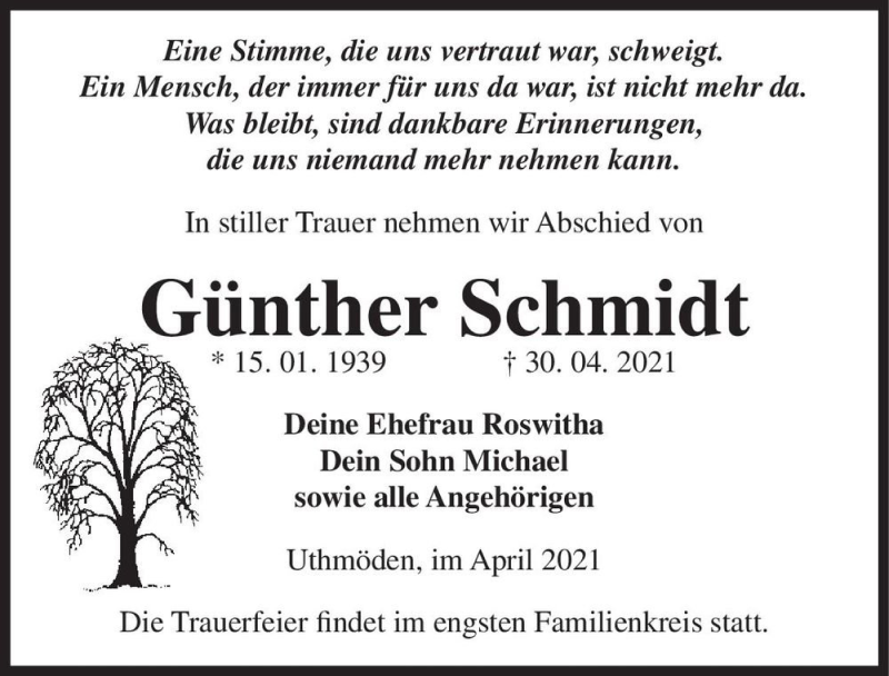  Traueranzeige für Günther Schmidt  vom 08.05.2021 aus Magdeburger Volksstimme