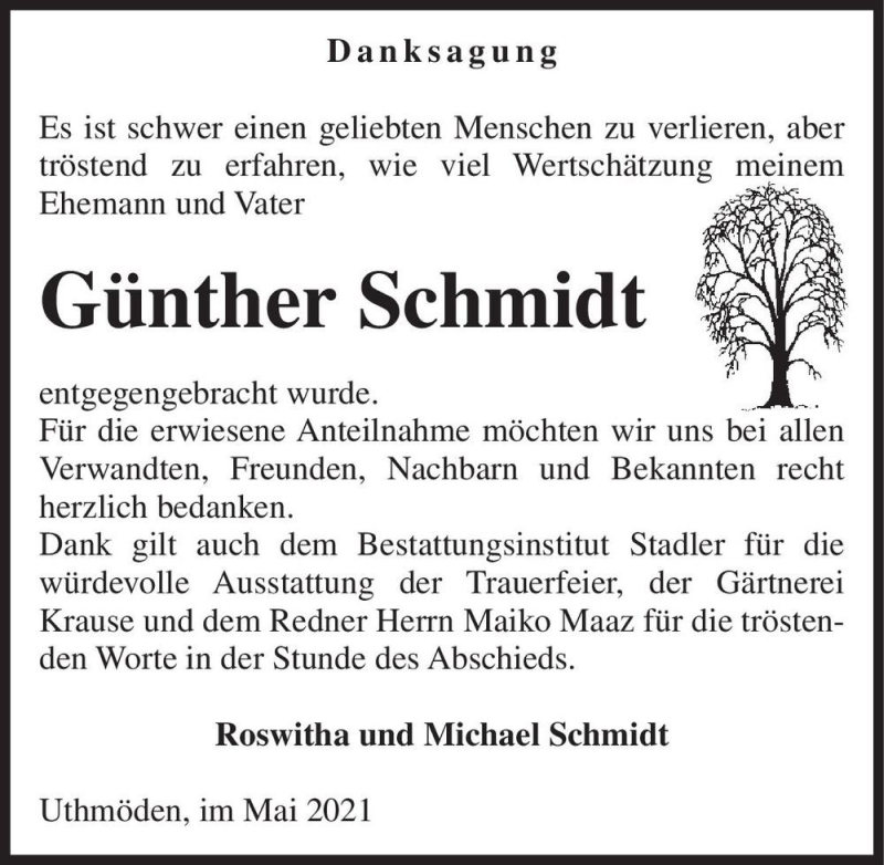  Traueranzeige für Günther Schmidt  vom 29.05.2021 aus Magdeburger Volksstimme