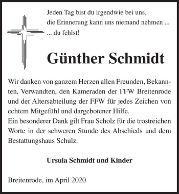 Traueranzeige von Günther Schmidt  von Magdeburger Volksstimme