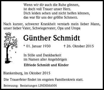Traueranzeige von Günther Schmidt  von Magdeburger Volksstimme
