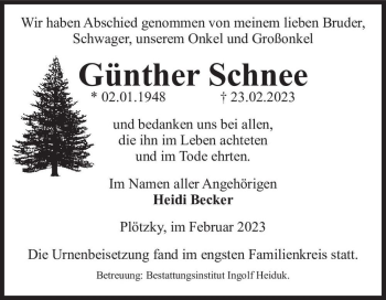 Traueranzeige von Günther Schnee  von Magdeburger Volksstimme