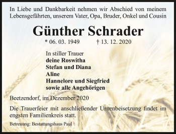 Traueranzeige von Günther Schrader  von Magdeburger Volksstimme