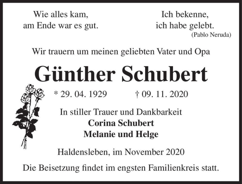  Traueranzeige für Günther Schubert  vom 14.11.2020 aus Magdeburger Volksstimme