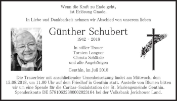 Traueranzeige von Günther Schubert  von Magdeburger Volksstimme