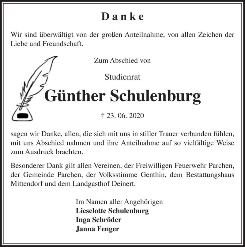  Traueranzeige für Günther Schulenburg  vom 18.07.2020 aus Magdeburger Volksstimme