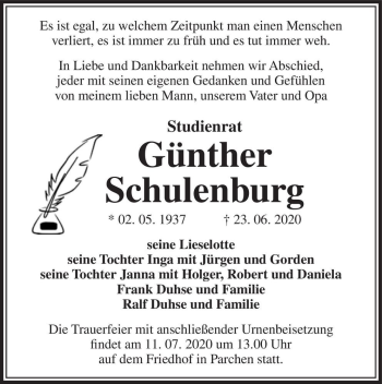 Traueranzeige von Günther Schulenburg  von Magdeburger Volksstimme