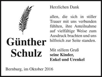 Traueranzeige von Günther Schulz  von Magdeburger Volksstimme