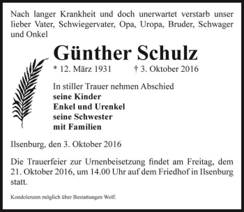 Traueranzeige von Günther Schulz  von Magdeburger Volksstimme