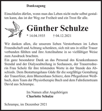 Traueranzeige von Günther Schulze  von Magdeburger Volksstimme