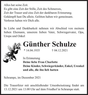 Traueranzeige von Günther Schulze  von Magdeburger Volksstimme