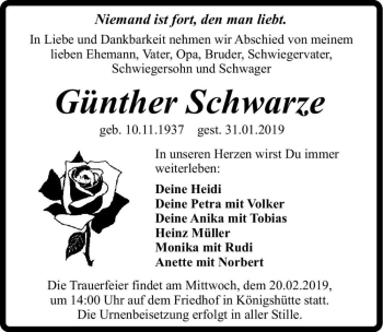 Traueranzeige von Günther Schwarze  von Magdeburger Volksstimme