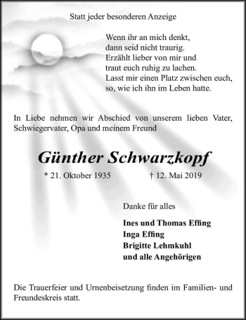 Traueranzeige von Günther Schwarzkopf  von Magdeburger Volksstimme