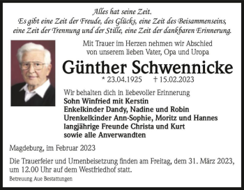 Traueranzeige von Günther Schwennicke  von Magdeburger Volksstimme