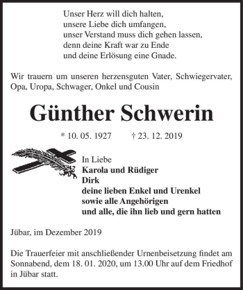 Traueranzeige von Günther Schwerin  von Magdeburger Volksstimme