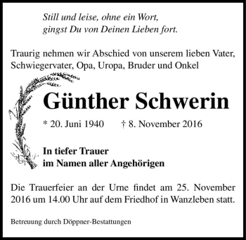 Traueranzeige von Günther Schwerin  von Magdeburger Volksstimme