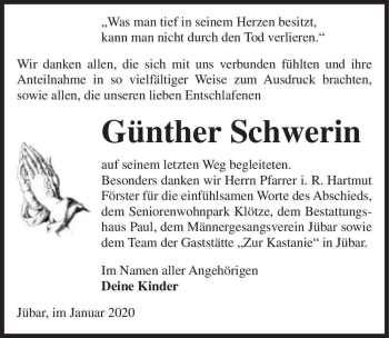 Traueranzeige von Günther Schwerin  von Magdeburger Volksstimme