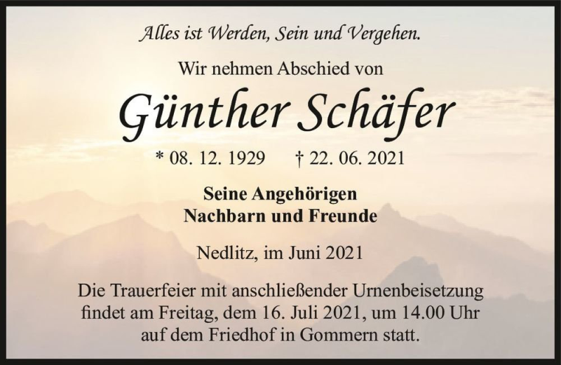  Traueranzeige für Günther Schäfer  vom 03.07.2021 aus Magdeburger Volksstimme