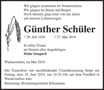 Traueranzeige von Günther Schäfer  von Magdeburger Volksstimme