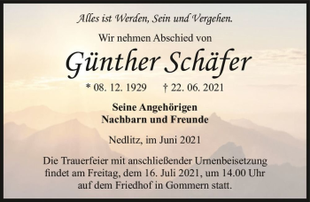 Traueranzeige von Günther Schäfer  von Magdeburger Volksstimme