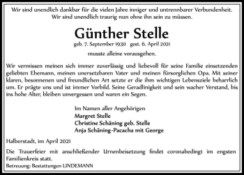 Traueranzeige von Günther Stelle  von Magdeburger Volksstimme
