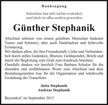 Traueranzeige von Günther Stephanik  von Magdeburger Volksstimme